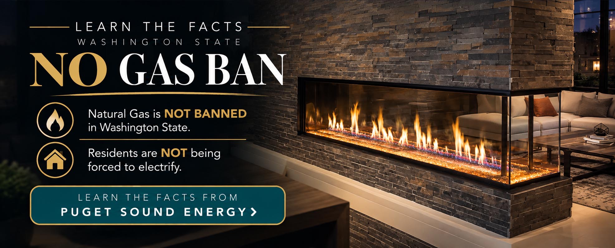 D_NoGasBan | DaVinci Custom Fireplaces™ Banner announcing No Gas Ban with bullets stating natural gas is not banned in Washington and residents aren’t being forced to electrify; Learn from Puget Sound Energy.
